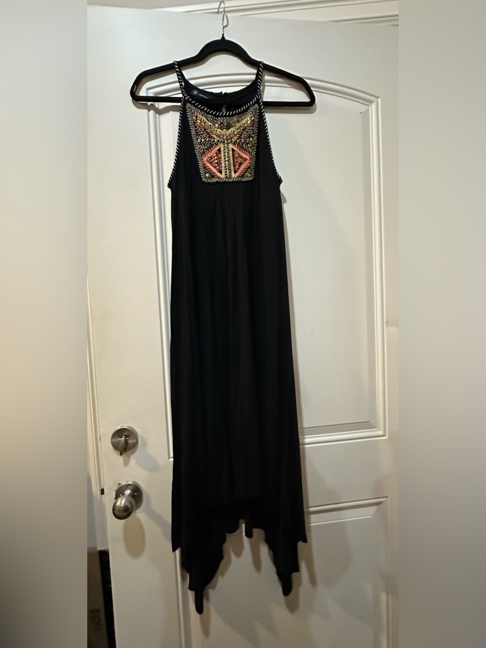 INC International Concepts Black Maxi Dress with Gold & Coral Embellished Yoke